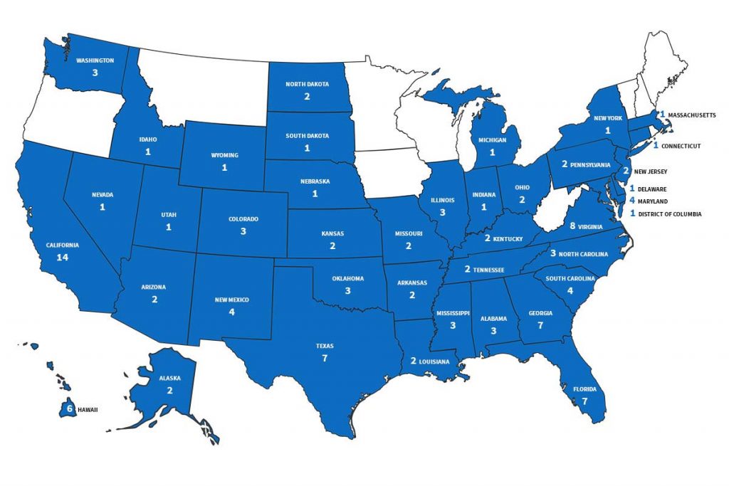 A map with the number of veteran golf clubs in each state.